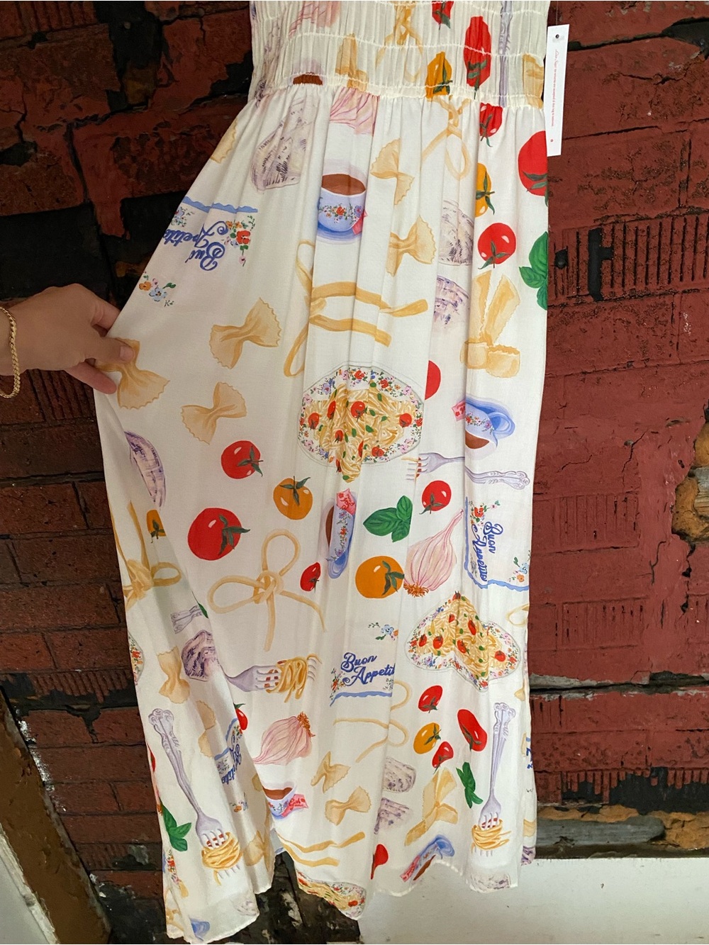Lisa Says Gah Ivory Maxi Annie Dress, Colorful Buon Appetito Print, NWT Small - Picture 4 of 12